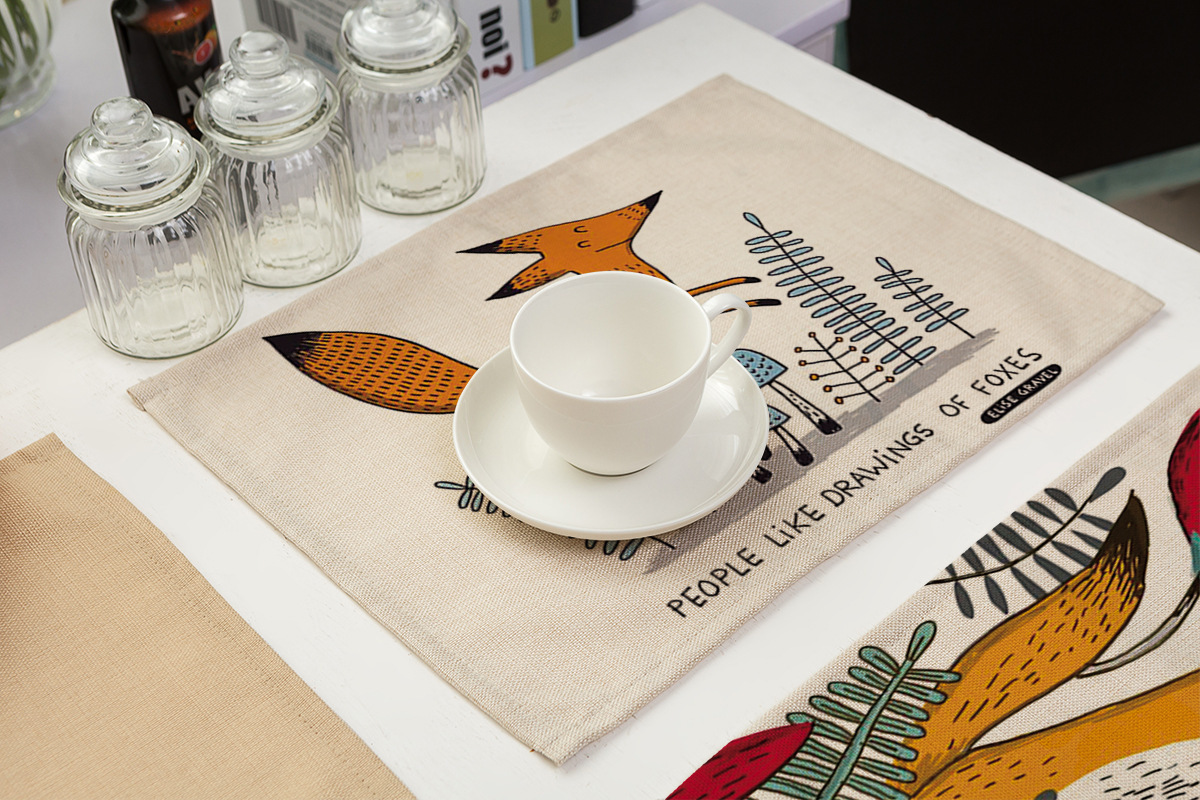 Animal Cartoon Fox Placemat For Dining Table Drink Coasters Flower Home Accessories Kitchen Printing Materials Cloth Mat Pad