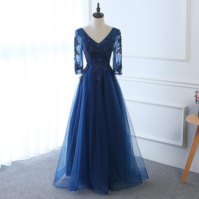 Hot Long Evening Dress Dark Blue Lace Embroidery 3/4 Sleeved Banquet Mother Of The Bride Dresses Robe De Soiree