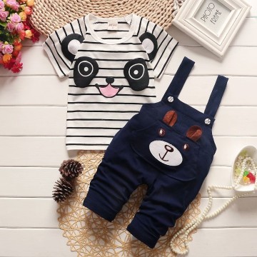 BibiCola boys clothing set baby summer panda cartoon Toddler leisure bib clothes sets for Infant suit Striped shirt braces pants