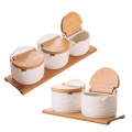 Porcelain Condiment Jar Spice Container with Lids - Bamboo Cap, Wooden Tray Spices Box Storage banks Tea Box Kitchen Storage Can