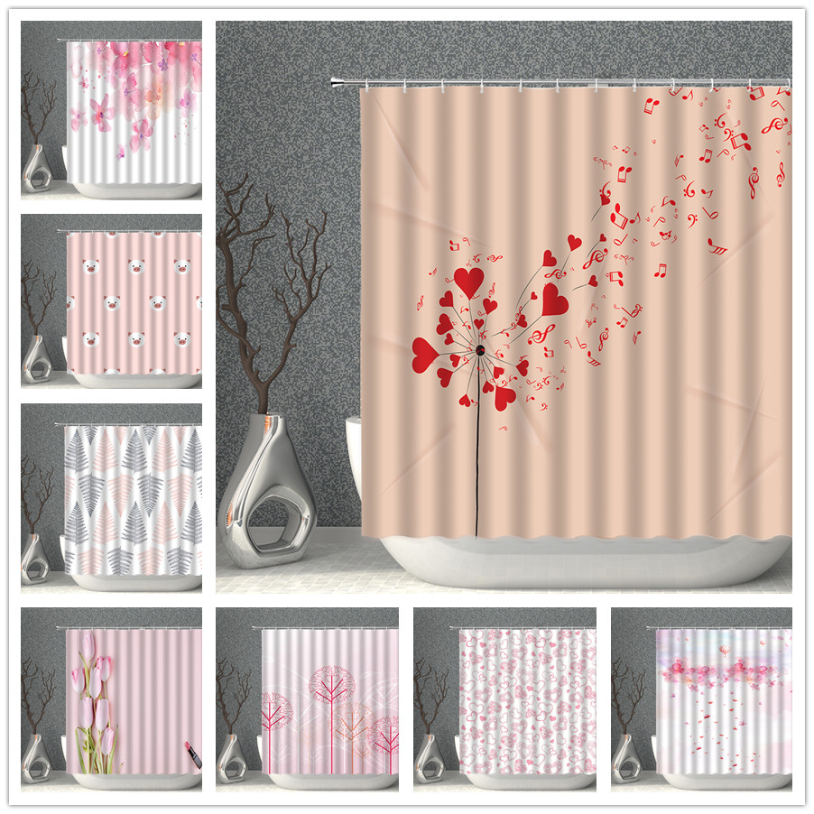Pink Shower Curtain Cartoon Love Flower Print Waterproof Polyester Bathroom Curtains With Hooks Multisize Bath Screen Home Decor