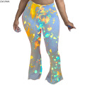 CM.YAYA Autumn Women Fashion Tie Dye Print High Waist Skinny Flare Pants Vintage Bell Bottom Jogger Sweatpants Trousers