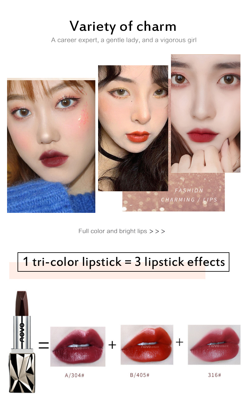 NOVO Black Rose silky Double-sided Tri-color Lipstick Long-lasting Waterproof Non-fading Pearl Moisturizing Makeup TSLM2