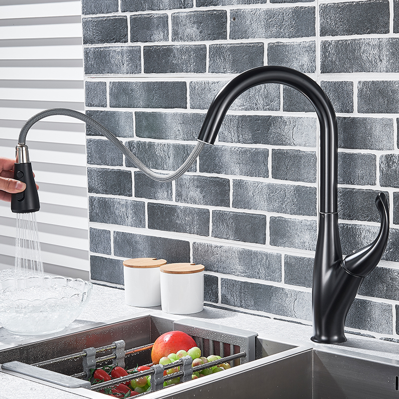 Quyanre Matte Black Pull Out Kitchen Faucets Single Handle Hot Cold Water Mixer Tap 360 Rotation Kitchen Water Tap For Kitchen