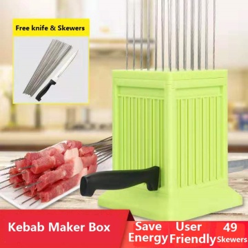 Hot Sale BBQ 49 Holes Meat Skewer Kebab Maker Box Machine With Reusable Flat Round Metal Barbecue Skewers Barbecue Meat Cutter