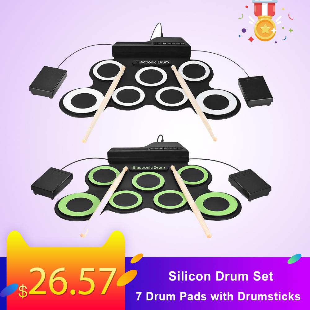 USB Roll-Up Silicon Drum Set Digital Electronic Drum Kit 7 Drum Pads with Drumsticks Foot Pedals for Beginners