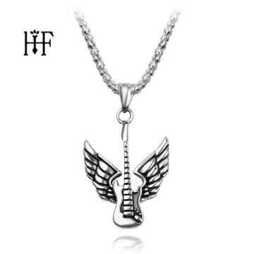 Vintage Guitar Pendant with Wings Chain Necklace Ancient Silver Color Punk Angel Wings Necklace Musician Gift