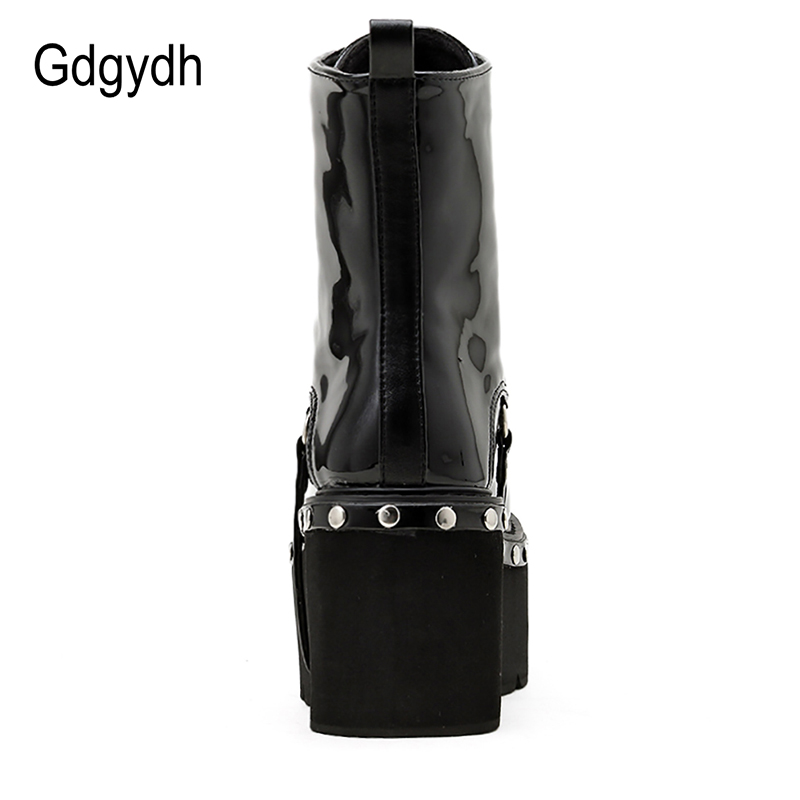 Gdgydh Sexy Rivets Platform Boot Gothic Cheap Black Patent Leather Shoes Women For Autumn Winter Chunky Heel Comfort Front Zip