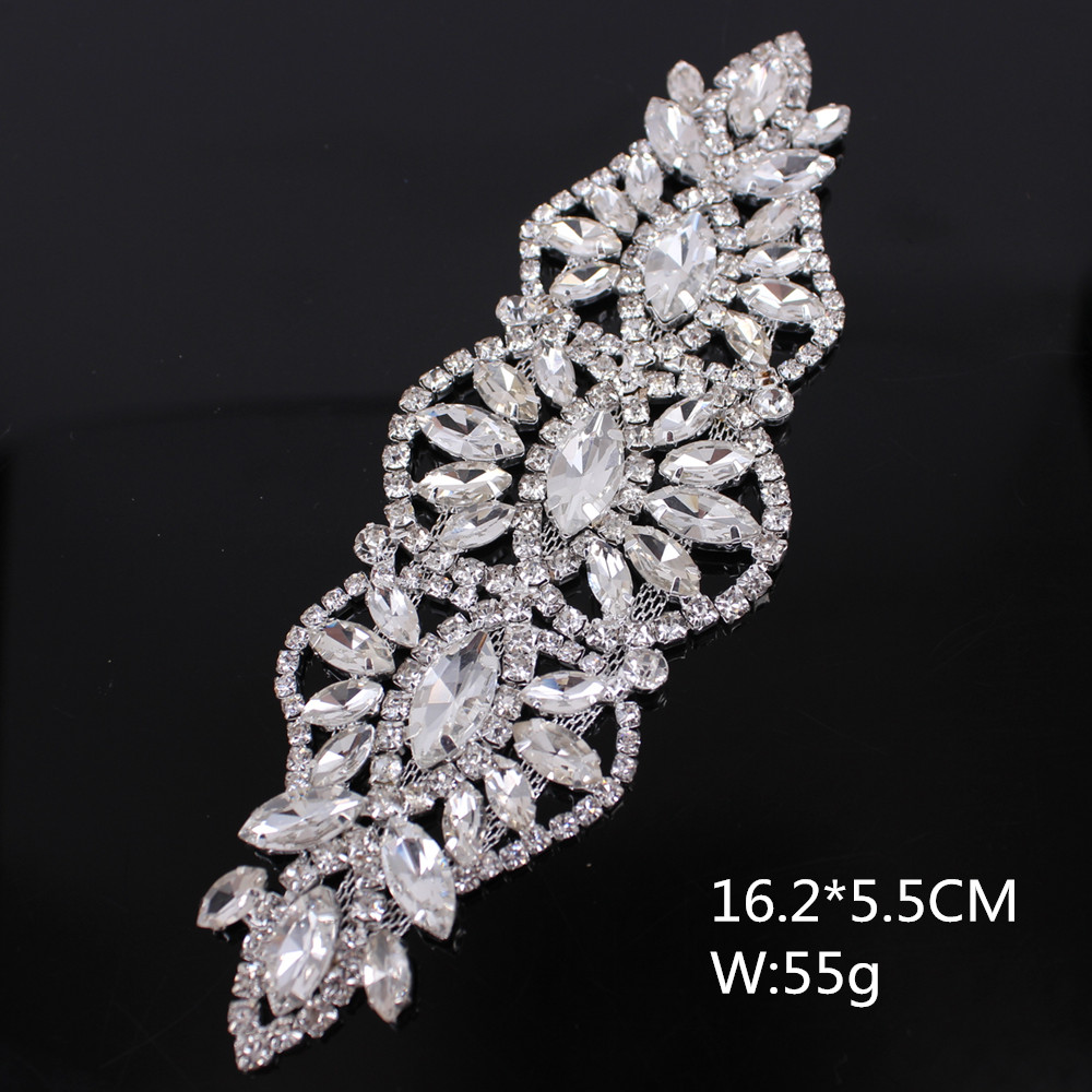 1 Pair handmade crystal brilliant applique with stone tassel silver rhinestone applique trim for bridal wedding belt DIY sewing