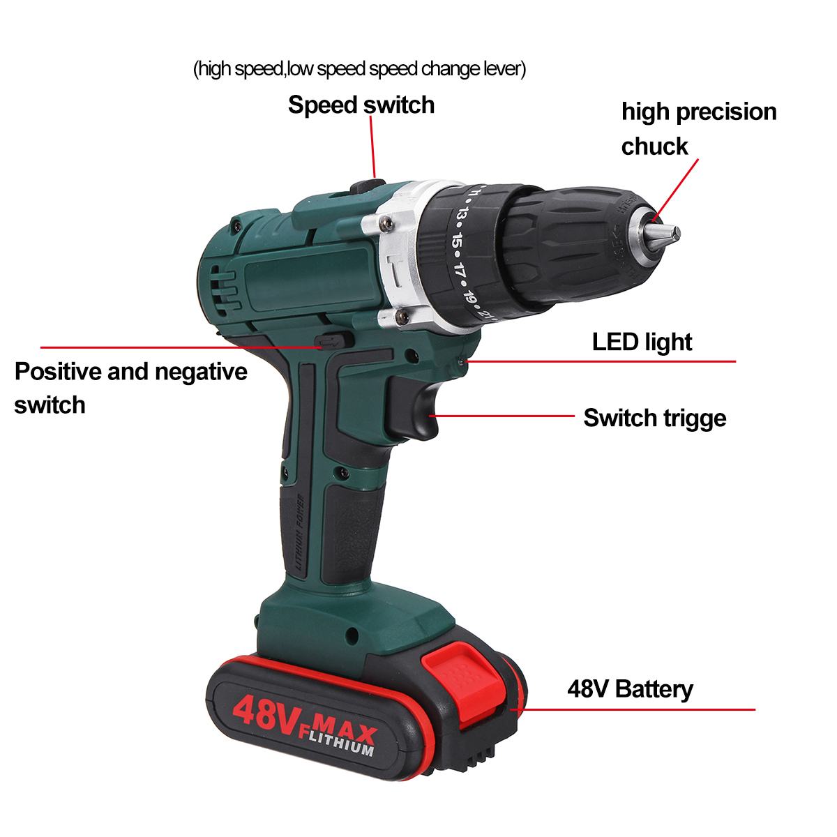 48V 6500mah Household Electric Drill Wrench Driver Double Speed Cordless Drill Rechargeable Lithium Battery Screwdriver