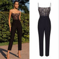 Vintage OL Spaghetti Strap Womens Sexy Lace Patchwork Jumpsuit Ladies Evening Party Long Playsuit