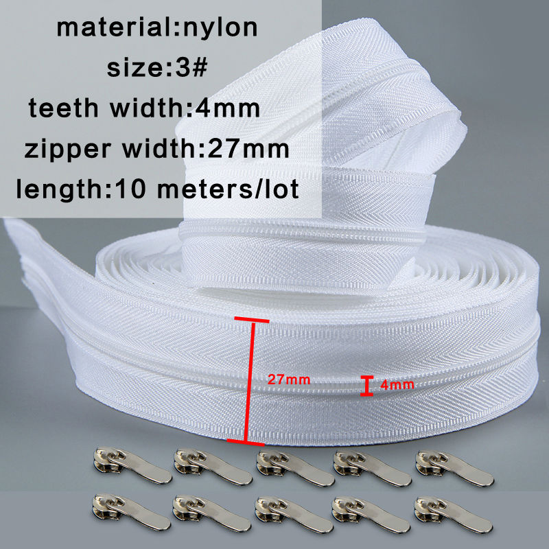 10 meters Zipper #3 White Quilt zipper Nylon coil zippers for sewing wholesale Double Sliders Closed End Sewing Craft
