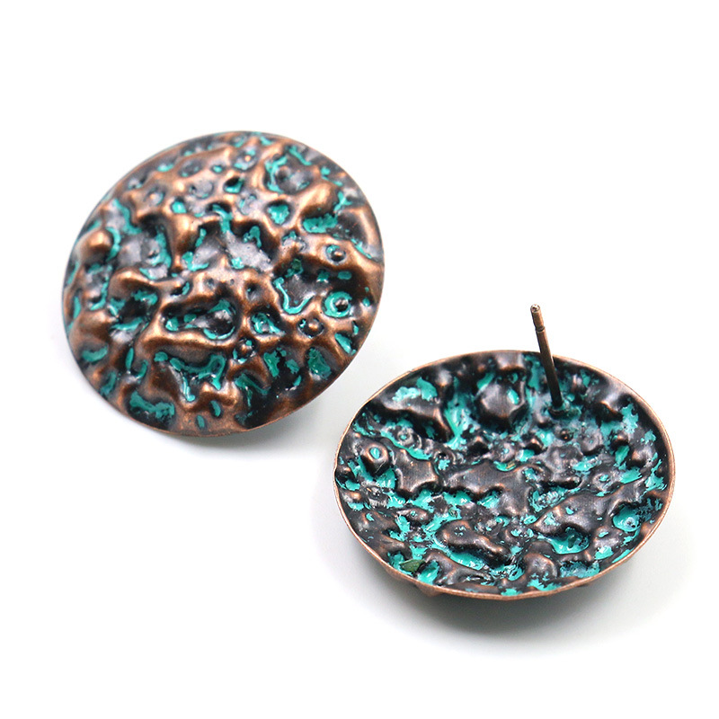 Verdigris Patina Retro Green Hammered Round Stud Earring Bohemian Ethnic Ancient Copper Greek Vintage Women Jewelry