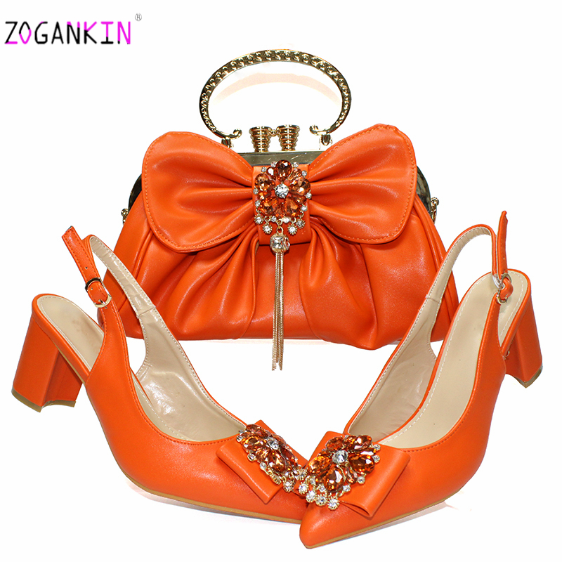 Retro Italian Lady Shoes and Bag to Match Orange Color Nigerian Women Shoes Matching Bag Comfortable Heels Sandals for Wedding