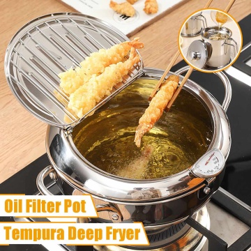 20/24cm Japanese Deep Frying Pot with a Thermometer and a Lid 304 Stainless Steel Kitchen Tempura Fryer Pan