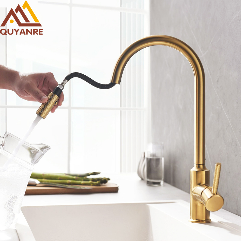 Quyanre Pull Out Kitchen Faucet Brushed Bronze Gold Kitchen Sink Water Tap 360 Rotation Kitchen Mixer Tap Single lever Mixer Tap