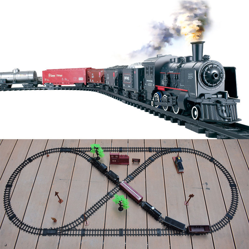 Simulation Classical Long Steam Train Track Electric Toy Trains for Kids Truck for Boys Railway Railroad Birthday Gift