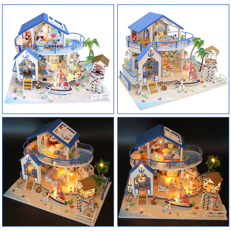 DIY LED Dollhouse Sea Miniature Villa With Furniture Wooden House Room Model Kit Gifts Toys For Children Kids Doll House Toys