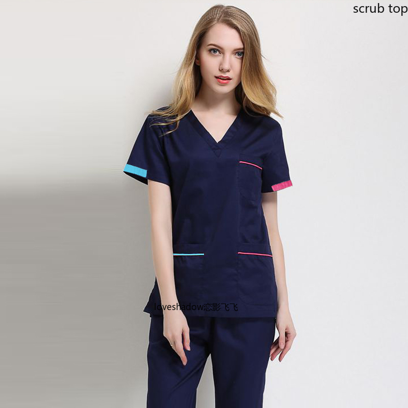 Women Scrub Tops V Neck Short Sleeve Workwear Uniform Cotton Color-Blocking Doctor Costume Hospital Nurse Vet Medical Uniforms