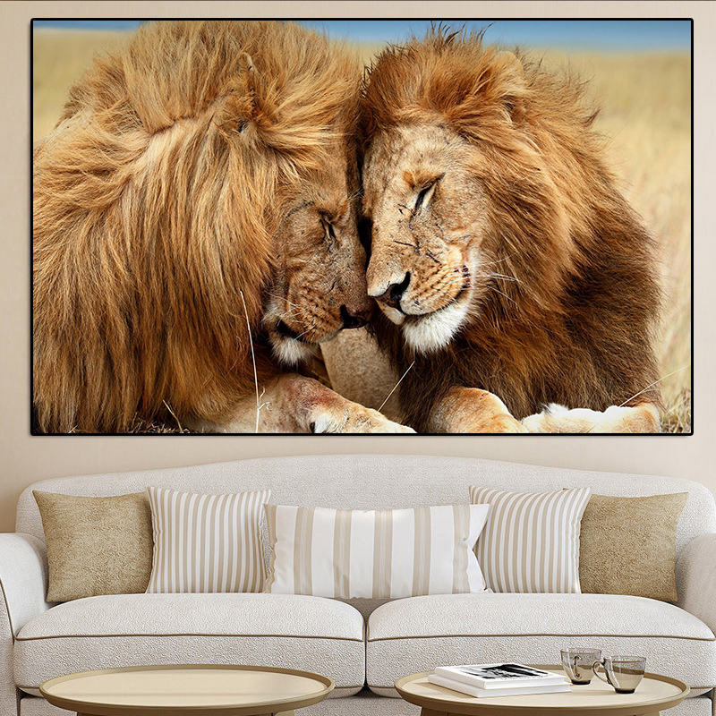 Two Lion Wild Animals Landscape Oil Painting on Canvas Posters and Prints Wall Art Picture for Living Room Cuadros Home Decor