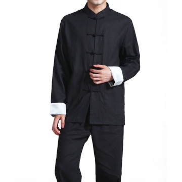 Men's Linen Cotton Kung Fu Uniform Mandarin Collar Roll-Up Sleeve Frog Button Shirt Pants Outfit Martial Arts Wear for Training