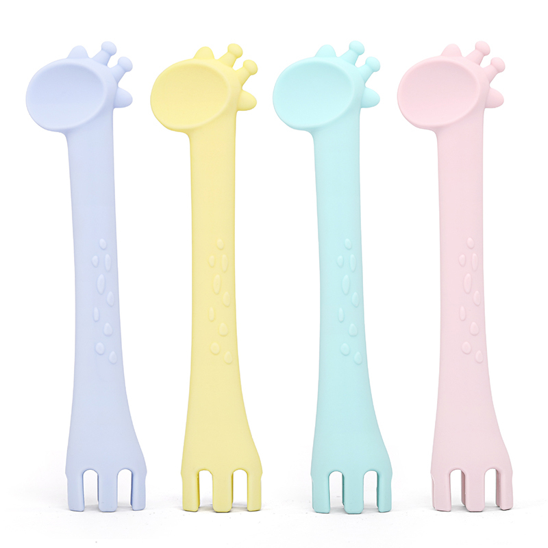 Four-Color Baby Food Supplement Cartoon Silicone Giraffe Fork Spoon Baby Care Baby Spoon Baby Training Spoon Feeding Spoon
