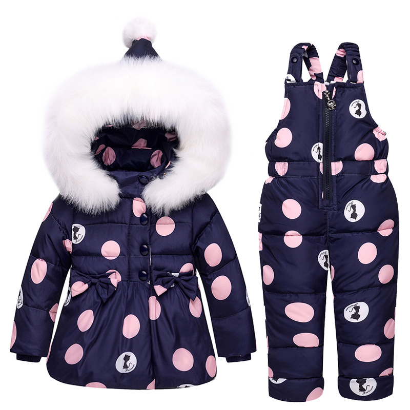 2018 New Infant Baby Winter Coat Snowsuit Bowknot Polka Dot Duck Down Toddler Girls Outfits Snow Wear Jumpsuit Hoodies Jacket