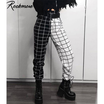Rockmore Contrast Color Plaid Pencil Pants Womens Pants Elastic Waist Checkered Plus Size Casual Joggers Streetwear Trousers