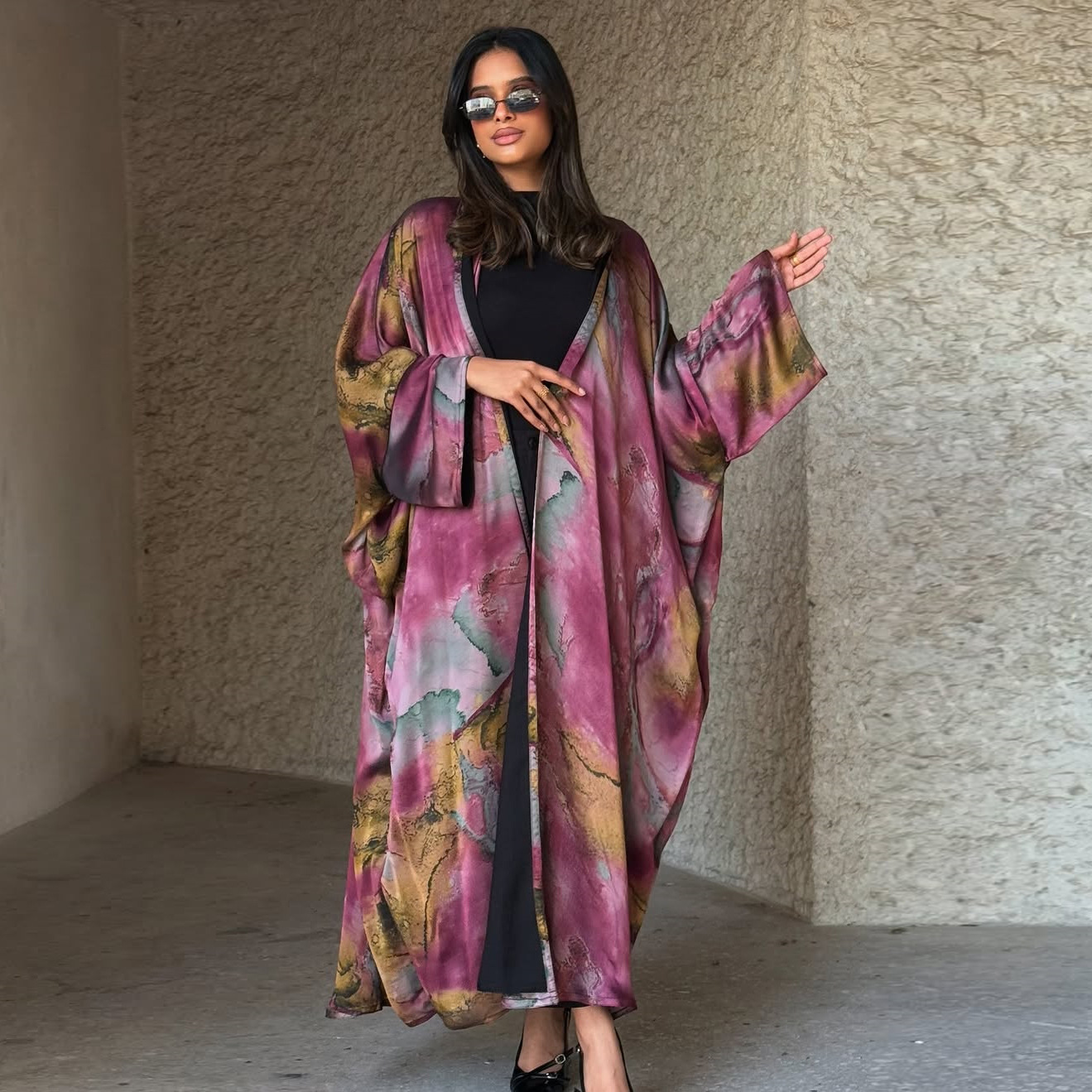 Satin Printed Open Abaya with Hijab