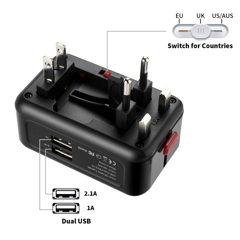 SeenDa International Travel Adapter Universal Power Adapter Smart Timing Charger 2 USB Worldwide Wall Charger for UK/EU/AU/Asia