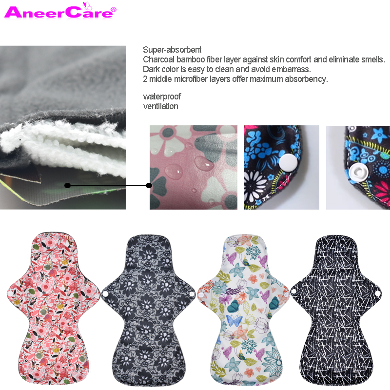 Menstrual Pads With Bamboo-charcoal Absorbency Women Washable Panty Liner Cloth Menstrual Pads Heavy Flow