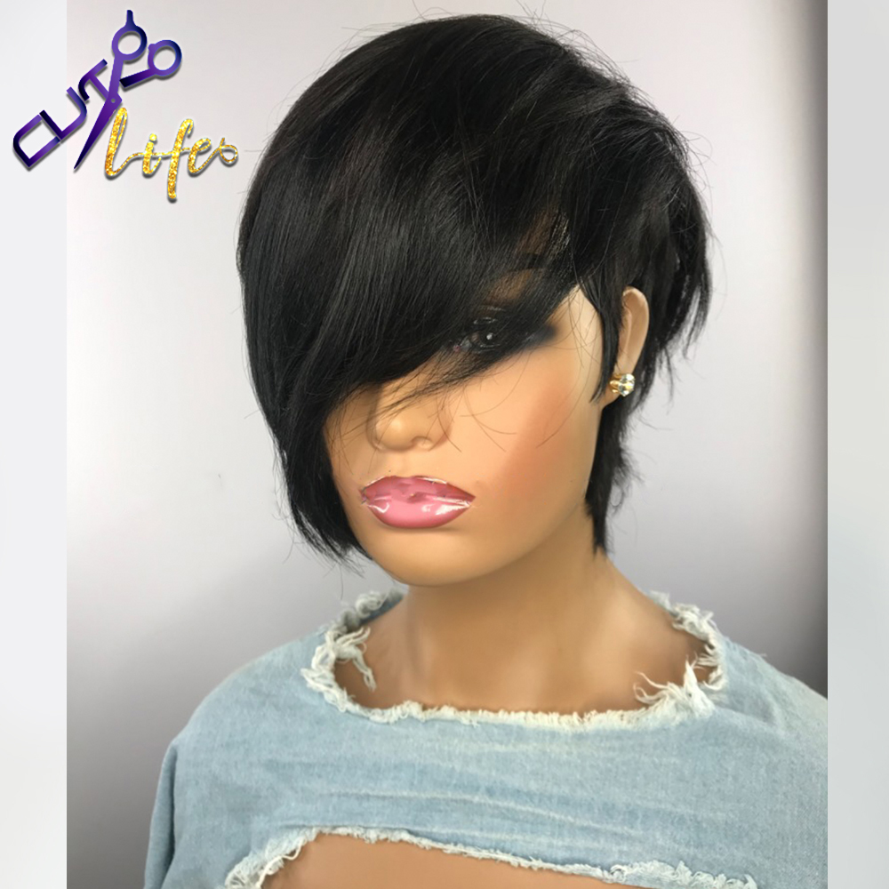 The Short Cut Wavy Bob Pixie Wigs Non Lace Front Human Hair Wigs With Bangs For Black Women Full Machine Made Remy Brazilian