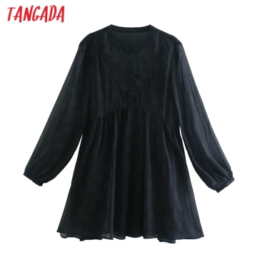 Tangada Women Flower Print Mesh Dress Long Sleeve Buttons Females Mini Dresses Vestidos CE54