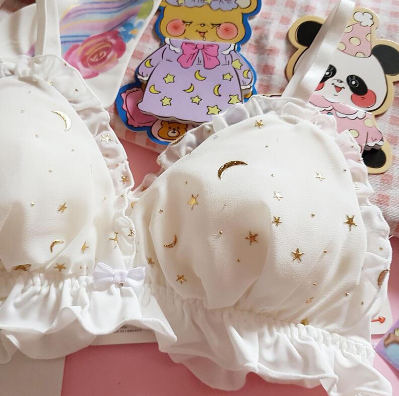 MOON STAR STARRY Star Girl Heart Japanese Small Chest Underwear Suit Sexy Lovely Lace Gilding metal Soft Girl Student Bra