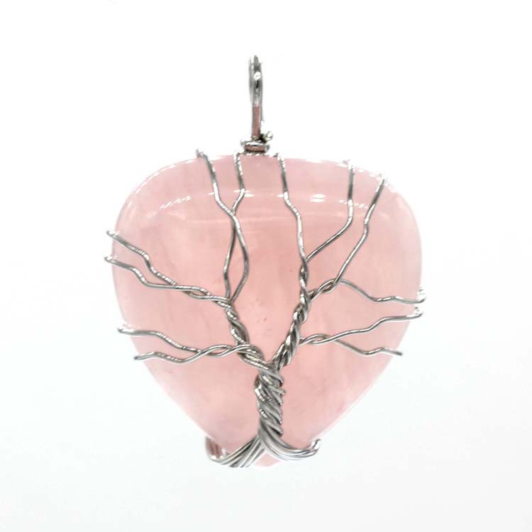 Natural Rose Quartz Healing Crystal Necklace Silver Tree Of Life Wire Wrapped Heart Shape Stone Pendant Women Mothers Day Gifts