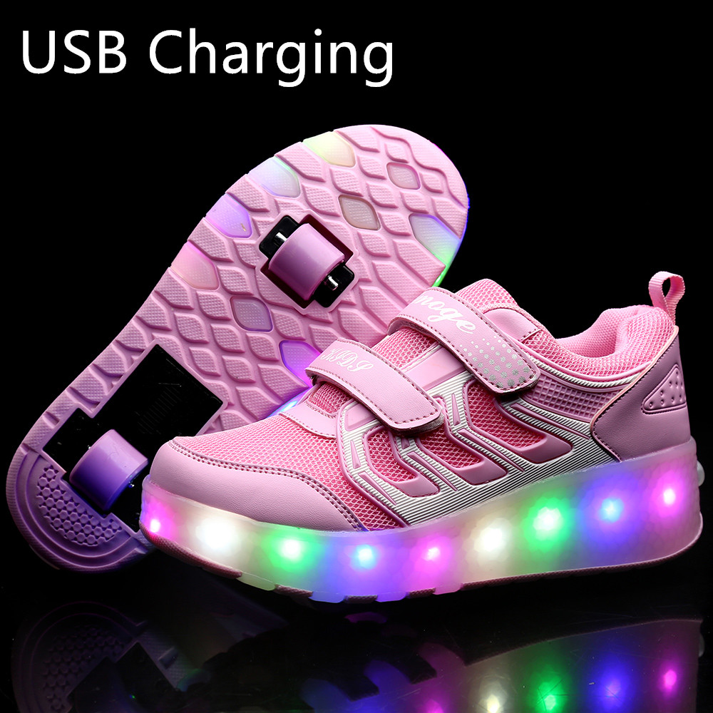 New Pink Orange USB Charging Fashion Girls Boys LED Light Roller Skate Shoes For Children Kids Sneakers With Wheels Two wheels