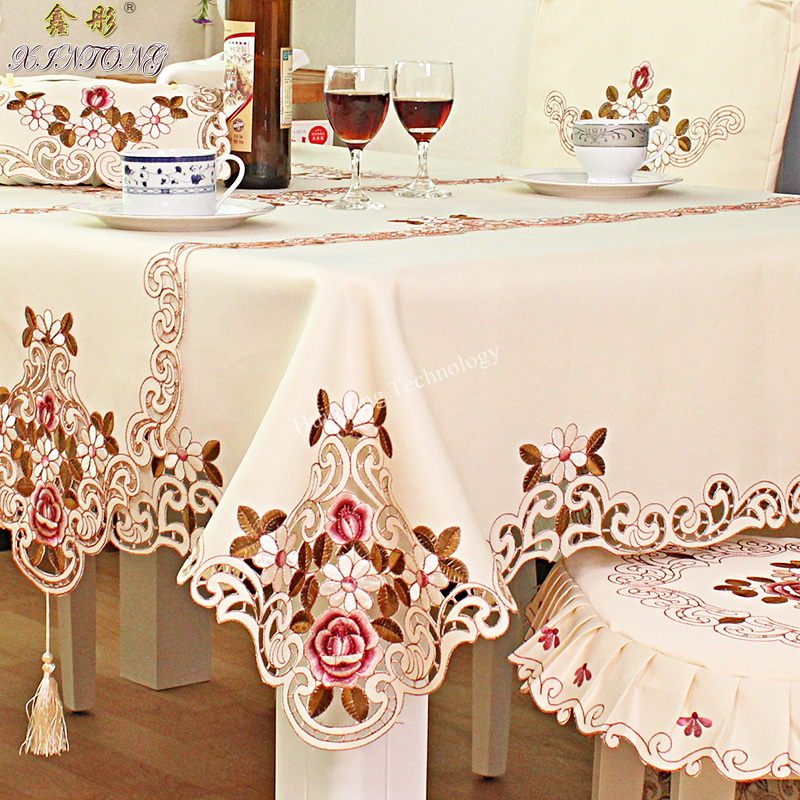 European garden tablecloth Elegant embroidered dining table cloth flower HM220 peony chair cover wedding home textile cushion