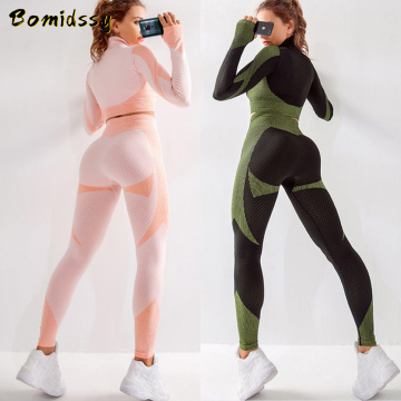 Women's Seamless Fitness Set Long-Sleeved T-Shirt Gym Wear Sports Bra Elastic Running Leggings High Waist Training Yoga Pants