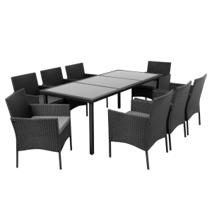 9Pcs Black PE Rattan Long Table Dining Group