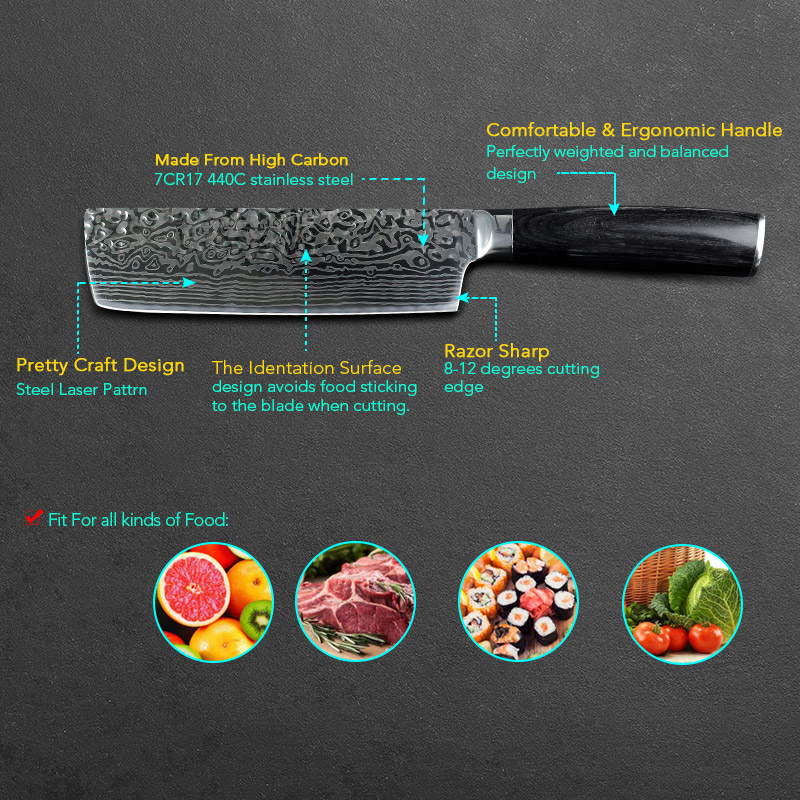 Chef Knives Kitchen knife 7 inch Japanese 7CR17 440C High Carbon Stainless Steel Imitation Damascus Sanding Laser Santoku Knife