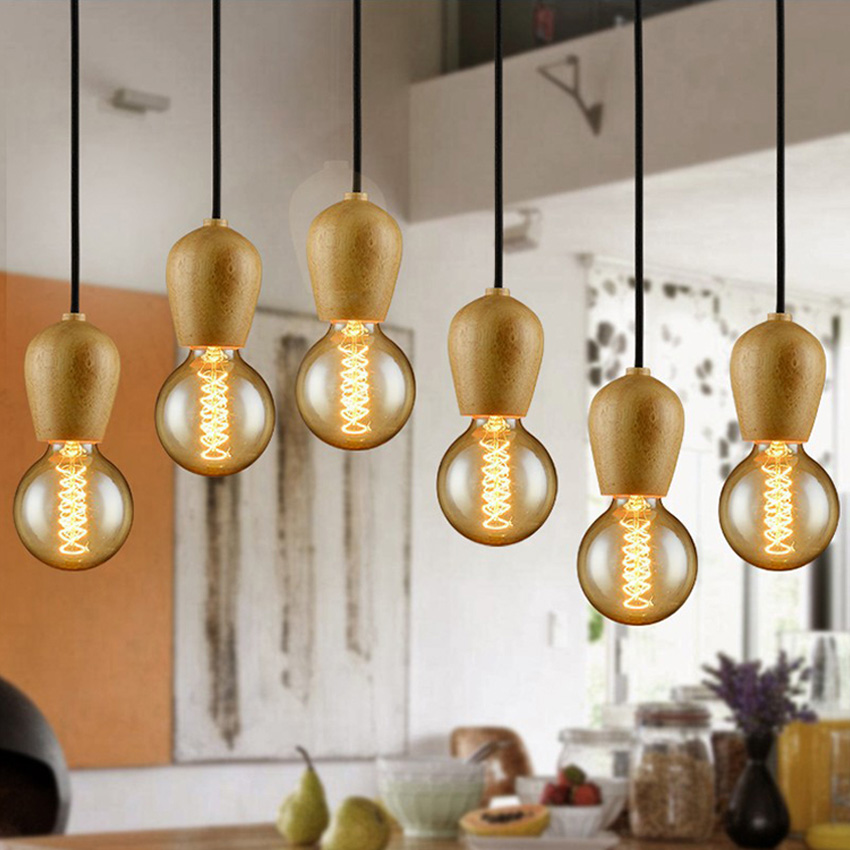 DBF Modern Wood Pendant Lights Vintage Colorful Cord Pendant Lamp Hanging Light Fixture Black Wire Edison E27 Bulb Not Included