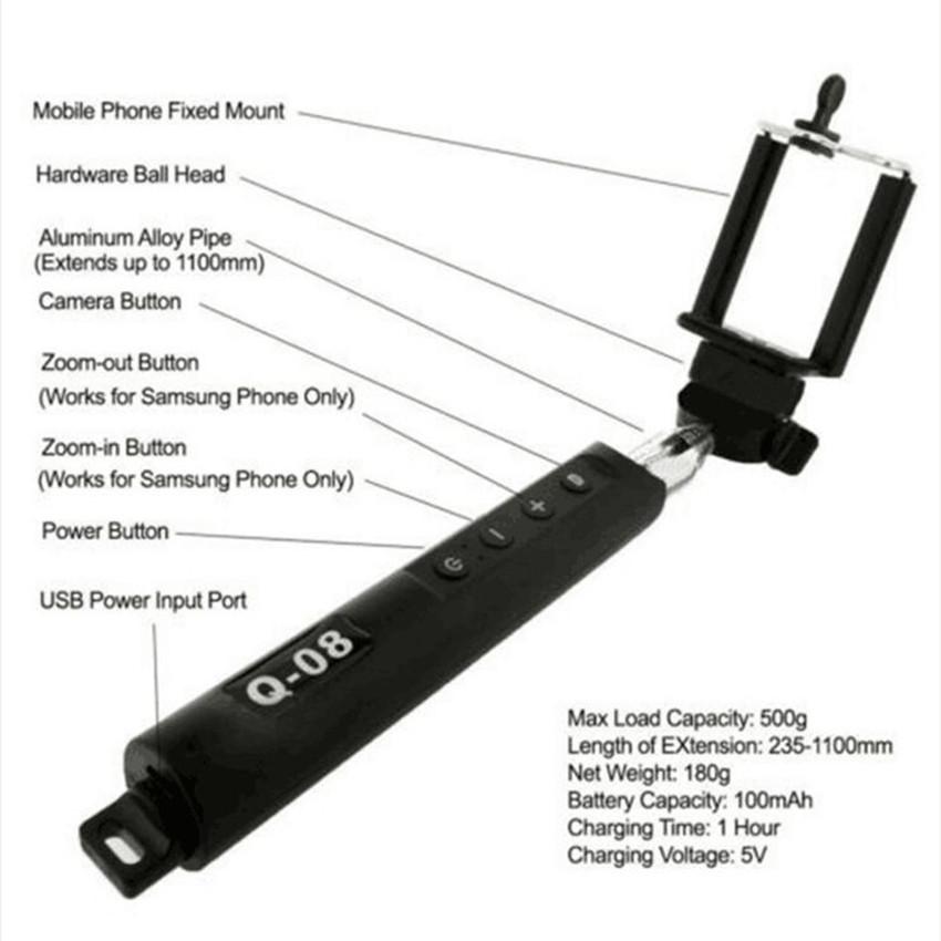 Q08 Wireless Bluetooth Selfie Stick for Mobile Phones Monopod with 1/4inch Screw Mounts Holder Gopro Hero SJcam Yi Action Camera