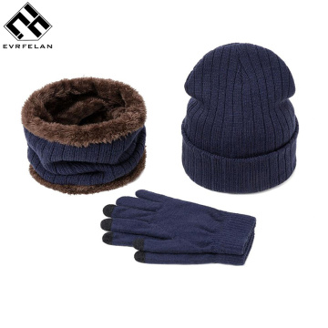 3 Pcs Winter hat scarf Set Men Hat Scarf Gloves Set winter Warm Thicken Scarf Touch screen gloves Unisex