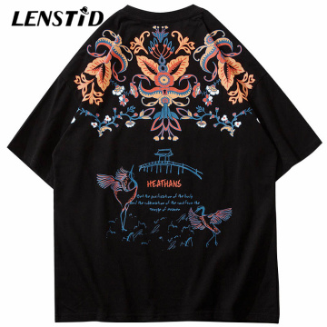 LENSTID Summer Men Short Sleeve Tshirts Crane Flower Bridge Printed T-Shirt Hip Hop Streetwear Harajuku Casual Cotton Tops Tees