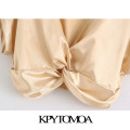 KPYTOMOA Women 2020 Fashion With Knot Cozy Cropped Blouses Vintage Short Turn-up Sleeves Back Elastic Female Shirts Chic Tops