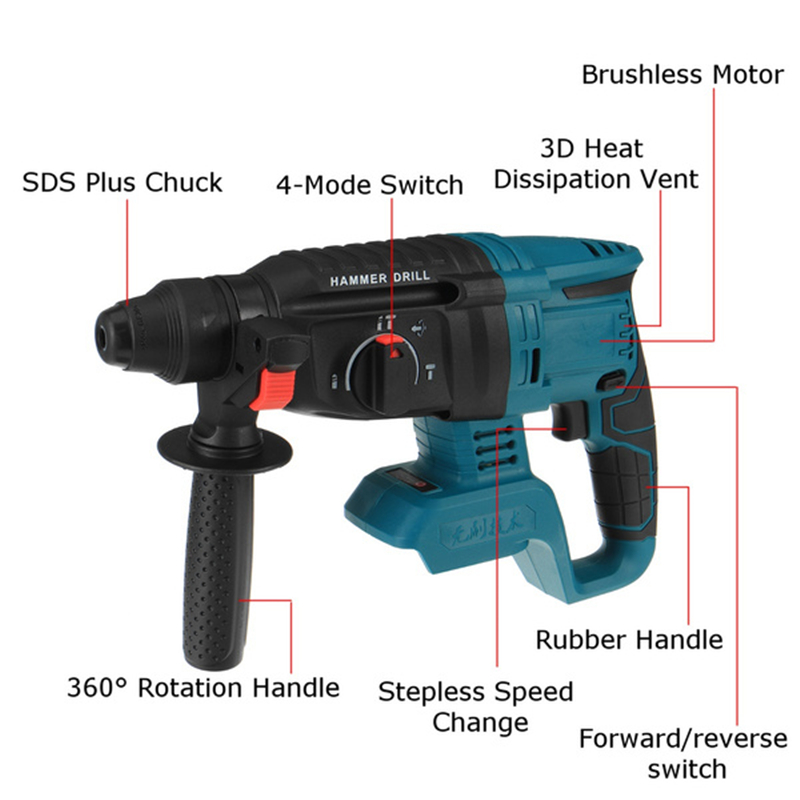 Handheld Electric Hammer Rechargeable Brushless Cordless Rotary Hammer Impact Drill Demolition Power Tool for 18V Makita Battery