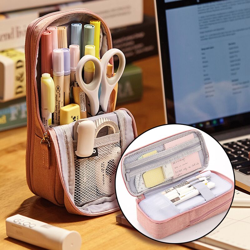 Angoo Normcore Pen Bag Pencil Case Two Layer Foldable Stand Fabric Phone Holder Storage Pouch for Stationery Office School A6171
