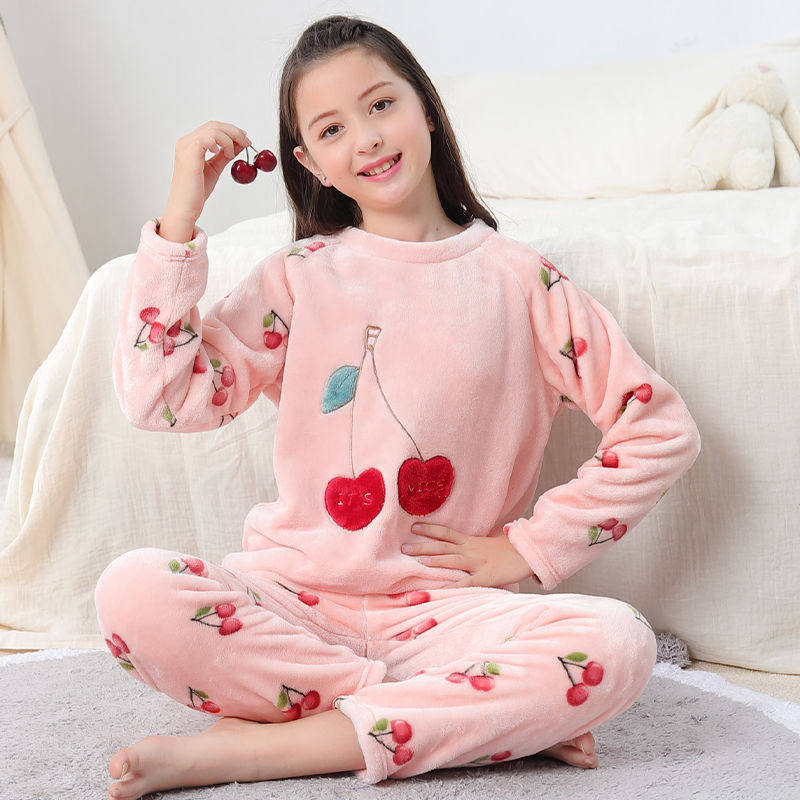 Teenages Clothes Pajamas Sets Girls Pajamas Children Warm Flannel Fleece Cartoon Kids Sleepwear Winter Boys Home Suit Nightwear