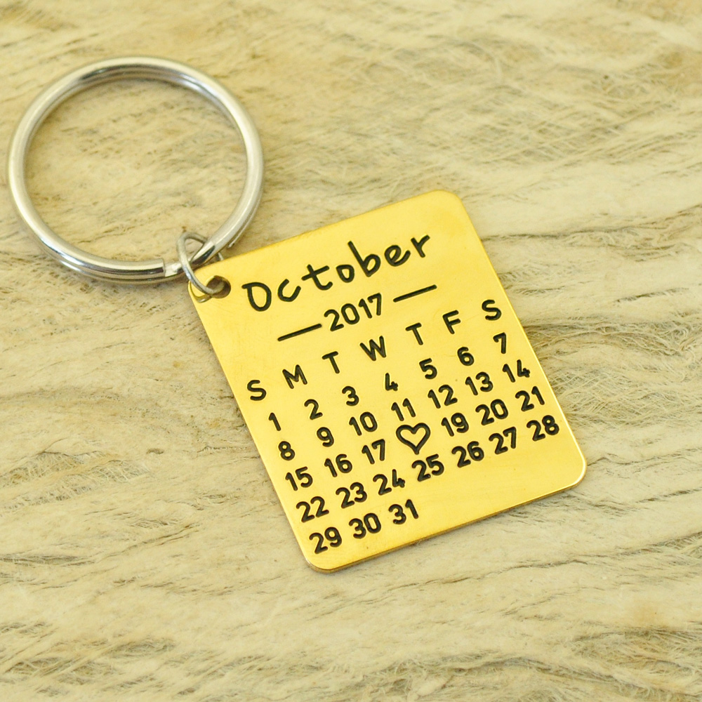 Personalized Calendar Keychain Hand Stamped Calendar Special Day Calendar Anniversary Wedding Gift Photo Keychain