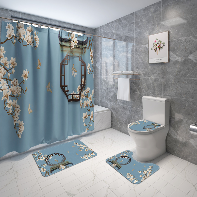 Traditional Style Home Decoration Bath Mat and Shower Curtain Set Flower-Bird Printed Bathroom Carpet Set Toilet Foot Mat